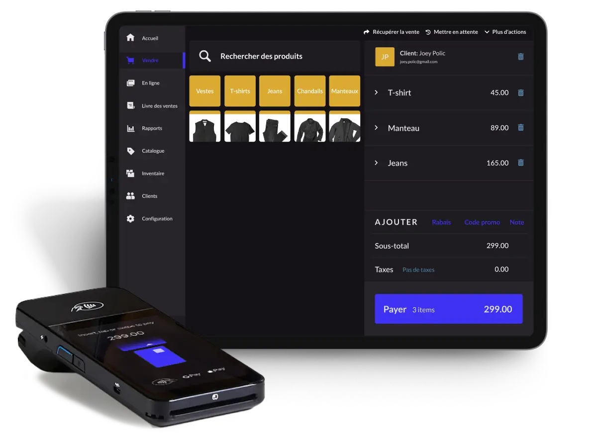iPad avec l'interface du système PDV Lightspeed détaillants, montrant des options conviviales pour la sélection de l'inventaire des produits et le passage à la caisse des clients.